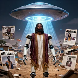 robot of Ajegunle slum of Lagos inside African Jesus Christ about beauty surrounding a large UFO with neon ray of light, magazine collage,