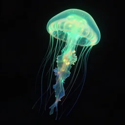 black background, colorful bioluminescence green glowing jellyfish, black background, 3 d octane render, very detailed, national geographic, studio lightning, 8 k, high definition