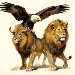 human / eagle / lion / ox hybrid with two horns, one big beak, mane, human body. drawn by frank frazetta