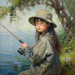 oil painting by ilya kuvshinov,, chad knight, artgerm craig mullins, coby whitmore, of a youthful japanese girl, long hair, fishing and wearing fisherman's outfit, fisherman's hat, highly detailed, breathtaking face, studio photography, noon, intense bounced light, water reflection, large tree casting shadow, serine intense sunlight