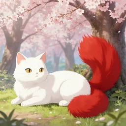 white cat with fluffy red tail like fox tail lying at sakura forest, high detailed, octane engine, anime illustration, ray tracing