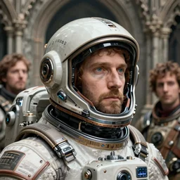 sci fi futuristic cyber astronaut jan van eyck closeup portrait of a medieval man with cyberpunk sci fi helmet, nicoletta ceccoli, mark ryden, lostfish, hyung tae, frank frazetta, depth of field, detailed and intricate gothic environment, 8 k resolution, hyperrealistic, octane render