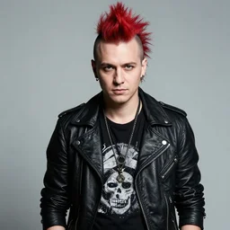 young man with a red dyed mohawk, dressed in punk clothing, punk style, crustpunk, portrait photo