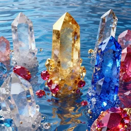 vivid dream of recursive bliss, quartz, water, gold, ruby, sapphire, quicksilver, vaporwave, realistic, HDR, render