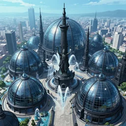 A beautiful city under the ocean made of black steel and glass domes, anime, rapture, fountain, statue, under water, godrays, a fantasy digital painting by Greg Rutkowski and James Gurney, trending on Artstation, highly detailed