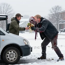 rand paul's neighbor taking down rand paul who has turned into a zombie and is eating the fedex delivery driver. it's snowing. professional photography