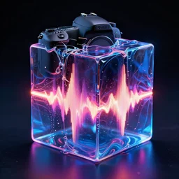 DSLR photo of Soundwaves ripping apart cube full of neon mercury liquid
