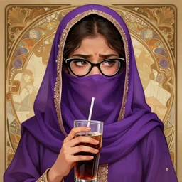 hyperdetailed portrait of a young cute hyderabadi female with cateye eyeglasses in a purple niqab frustratedly holding a soda, digital painting, artstation hq, sharp foccus ilustration, artstation hq. intricate, elegant. wlop, artgerm, greg rutkowski, alphonse mucha, medium shot. dan mumford, tomokazu matsuyama,