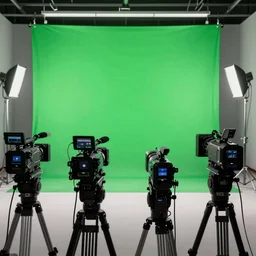 photo of a movie set, green screen in the back, 4 cameras in the front, studio, movie set, realistic, studio lighting