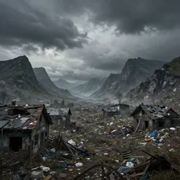 a photorealistic portrait, gloomy post - apocalyptic fantasy landscape, professionally retouched, soft lighting, hyper realistic, destroyed houses, mountains of garbage, dark gray detailed cloudy sky, wide angle, sharp focus, 8 k high definition, 6 4 megapixels, insanely detailed, breathtakingly beautiful