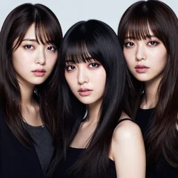 professional photograph of female japanese models in emo makeup, long hair, fringe