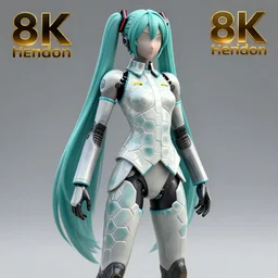 CAD screenshot of a realistic android bodyguard modeled after Hatsune Miku and with slender body type and prominent ceramic hex tile armor plates, solidworks, catia, autodesk inventor, unreal engine, gynoid cad design inspired by Masamune Shirow and Tsutomu Nihei and Ross Tran, product showcase, octane render 8k