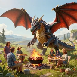 a dragon roasting meat at the family bbq, digital art, landscape, fantasy art, octane render, unreal engine, high detail, very realistic, by greg rutkowski. by james gurney