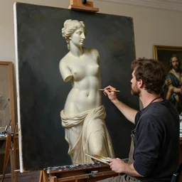 a painter in his studio painting a picture of venus de milo by edgar maxence and caravaggio and michael whelan and delacroix style, artistic, intricate painting, cinematic lighting, hyper realistic, extremely detailed, establishing shot, 8 k resolution, dramatic lighting