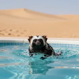 striped gremlin swimming in a pool in the desert