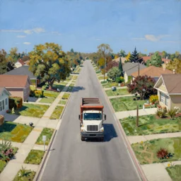classic oil painting, a satellite view of a sunny sky suburban street with one giant dump truck in the middle of the street, rule of thirds, sunny suburban street, skycore, highly detailed, digital illustration, concept art, smooth, sharp focus, art by greg hildebrandt, and tim hildebrandt