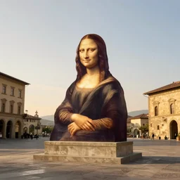 A marble sculpture of The Mona Lisa in the middle of an empty Italian piazza, golden hour, 8k photograph, sunny day, low angle