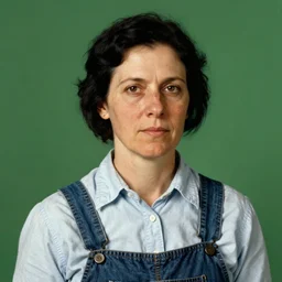 portrait study! of a middle agedwoman!! black hair!!! button up shirt! overalls!!! freckles! green background! by norman rockwell!!!