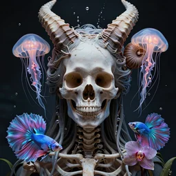 close-up portrait goddess horned skull,  x-ray, backbone, jellyfish phoenix head, nautilus, orchid, betta fish, bioluminiscent creatures, dark deep complex air bubbles in background, intricate artwork by Tooth Wu and wlop and beeple. octane render, trending on artstation, greg rutkowski very coherent symmetrical artwork. cinematic, high contrast, hyper realism, high detail, octane render, 8k