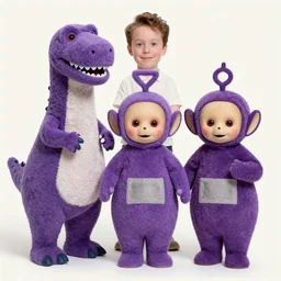 barney the dinosaur, gary busey, and purple teletubby combined into busetubby the dinosaur!