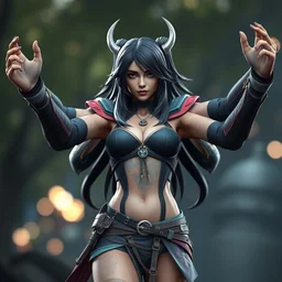 female game character with multiple arms, highly detailed, octane render, bokeh