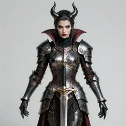 female human vampire witch in fantasy armor holding a sword, in the style of greg rutkowski, makoto shinkai, trending on artstation, character design, concept art, symmetrical face, forward facing, highly detailed, digital art