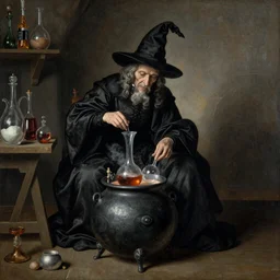An old witch dressed in black making potions in her cauldron. By Francisco de Goya.