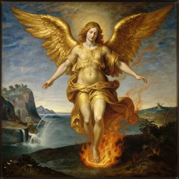archangel made of gold flying above a lake of fire, renaissance oil painting