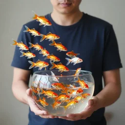 a man holding a large bowl with many colourful fish flying out of the bowl