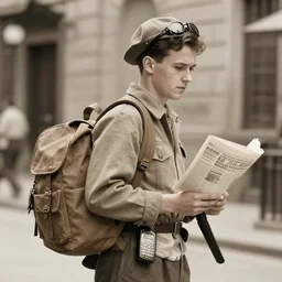 a time traveler carying a cellular phone, newspaper photograph, 1942