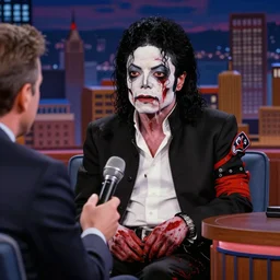 Zombie Michael Jackson being interviewed by Conan on a talk show, realistic, hyperrealistic, very realistic, highly detailed, very detailed, extremely detailed, detailed, oil painting, digital art, trending on artstation, HD Quality