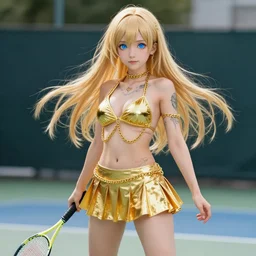full body shot : a very beautiful young blond tennis anime girl in golden chains, sky blue eyes,, tattoo, bikini, miniskirt, highly detailed, cinematic wallpaper by stanley artgerm lau