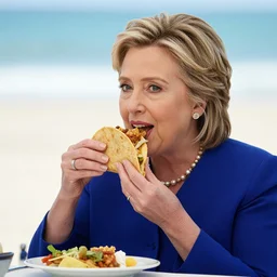 hillary clinton eating a taco at the beach