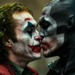 film still of the joker kissing batman in the new batman movie, 4 k, highly detailed face, detailed eyes