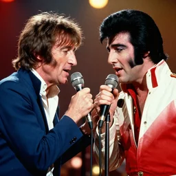 john lennon and elvis singing together in the same microphone, color concert photography from the 70s, bokeh, 4k