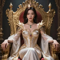 beautiful asian queen with shoulder length hair, sitting on her throne, digital art by ross tran, highly detailed, intricate, hyperrealism, portrait, dynamic lighting
