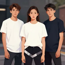 portrait analog stylized rendered illustration of gen z models wearing fashion outfits with clean t shirts for mockups, ultra fashion model poses, modern fashion portraits illustration. rembrandt hipster color moody cinematic. depth of field. by vogue