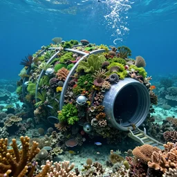 underwater habitat 67 with lush vegetation, coral and marine creatures surrounding it