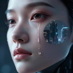macro shot of a tear running down an android's face, reflecting a futuristic dystopia
