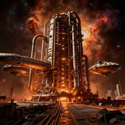 a warm colours, high contrast dark hyperreal deep space dock mining platform with massive piping inspired by nuclear reactor core maschinen krieger mri machine millennium falcon space-station Vuutun Palaa submarine, space-station Vuutun Palaa, ilm, beeple, star citizen halo, mass effect, starship troopers, elysium, the expanse, iron smelting pits, high tech industrial, dramatic nebula sky, volumetric lighting