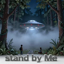 stand by me movie still, night time forest with a ufo sitting in the fog, scary, matte detailed photo, DeviantArt, Artstation, by donato giancola, ralph horley, loish, ufo lighting