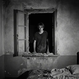 creepy man standing at the bedroom window of a burnt out 1 9 6 0 s house black and white scaray dramatic cinematic 3 5 mm