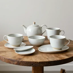 ceramic set on a chiseled wooden table
