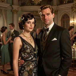 daniel gerhartz and wlop detailed portrait of a 1 9 2 0 s beautiful couple at a party in a mansion, mansion interior in the background, unreal engine, hyper realism, realistic shading, cinematic composition, blender render, octane render, hdr, detailed textures, photorealistic, 3 5 mm film