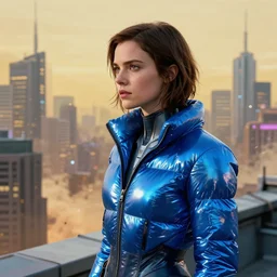 2 0 1 8 blade runner movie still girl look at the cityscape from roof perfect face fine realistic face pretty face reflective polymer suit tight neon puffy jacket blue futuristic sci - fi elegant by denis villeneuve tom anders zorn hans dragan bibin thoma greg rutkowski ismail inceoglu illustrated sand storm alphonse mucha
