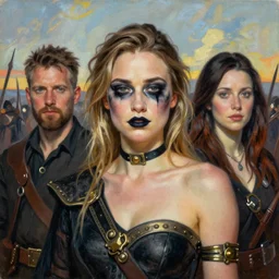 a beautiful ultra realistic fine art painting of Olivia Wilde wearing dark war paint, on the battlefield, by Greg Rutkowski and Jenny Saville, studio portrait, vibrant colors, 4K