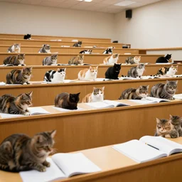a college lecture hall full of cats studying latin