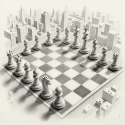 Pencil drawing of a bird's-eye view of the city made of white chess pieces