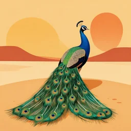 peacock in the desert, 7 0 s art deco, groovy, warm colors, funky, abstract