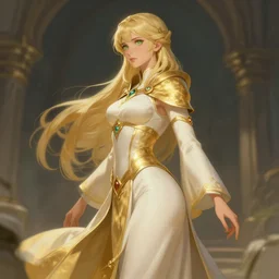 Pretty Female cleric, golden-white robes, fantasy, green eyes, extremely detailed face!, young, 2 arms and 2 legs!, shaped derriere, looking from side and bottom!, high fantasy, artstationgHQ, artstationHD, octane, by Albert Aublet, Krenz Cushart, WLOP, Sakimichan